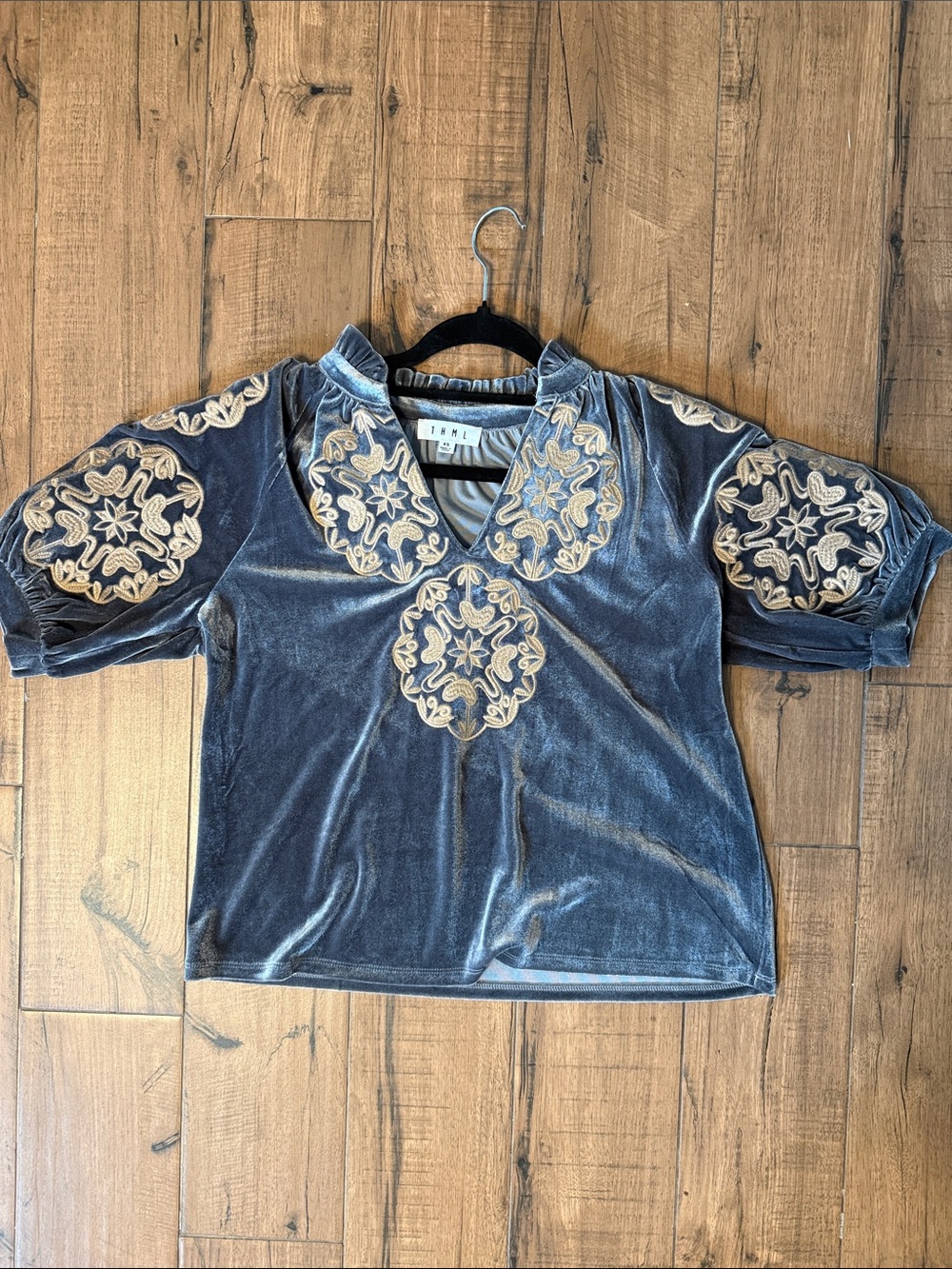 Brand new THML Grey Velvet Top with Gold Embroidery XS